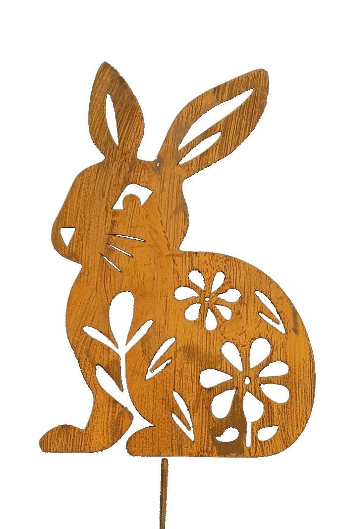 Handmade Metal Rabbit Garden Stake, Natural Rust Finish, Yard Art
