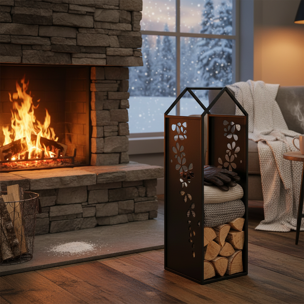 Black Metal Firewood Rack with Handle, Freestanding Log Holder GARLAND