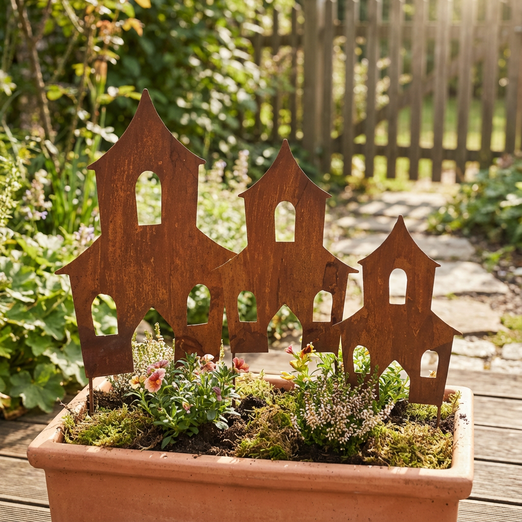 Rustic Steel Witch Houses Garden Stakes – Metal Garden Art, Set of 3