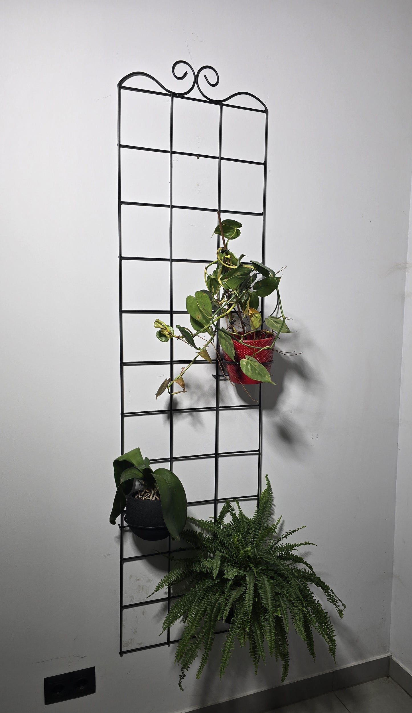 Black Steel Wall Grid Plant Holder, Vertical Garden Trellis with Pot Holders