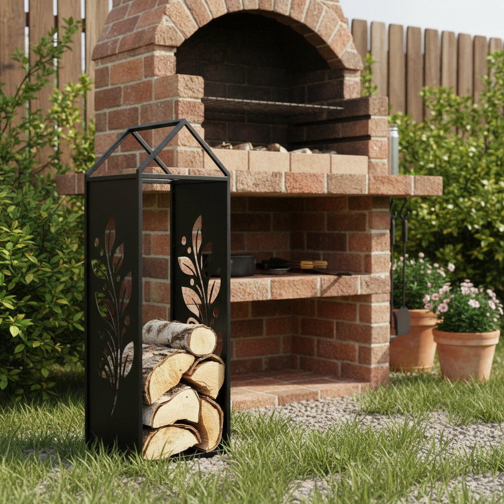 Black Metal Firewood Rack with Handle, Freestanding Log Holder LEAVES