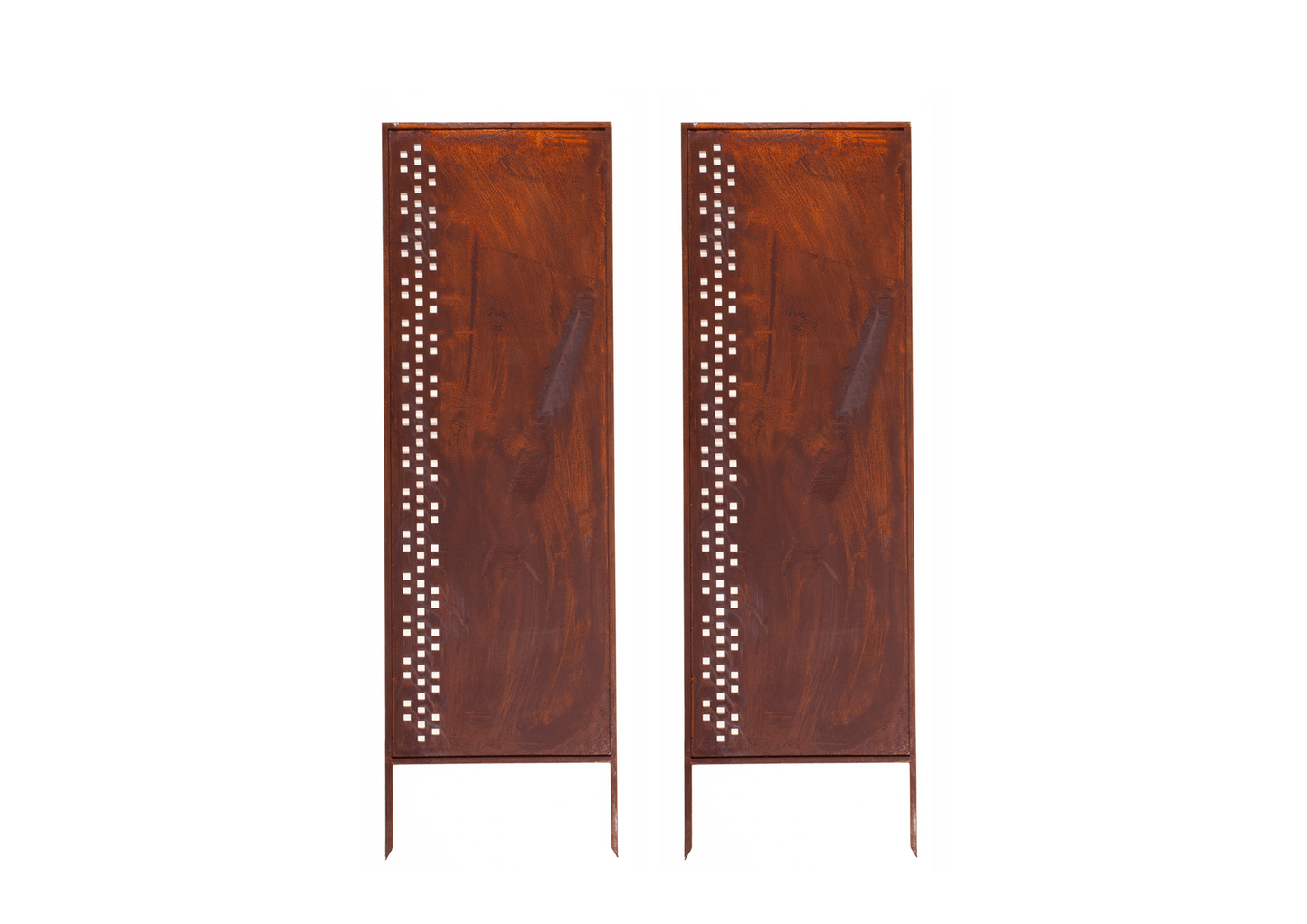 Rustic Metal Garden Screen – Corten Effect Steel Privacy Panel with Side Geometric Pattern Cutouts