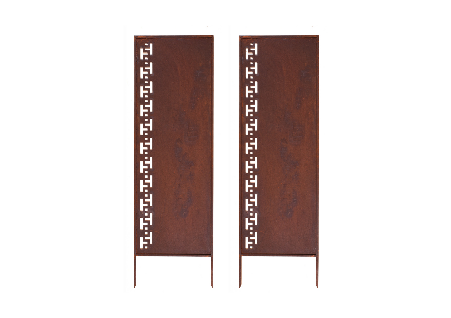 Rustic Metal Garden Screen – Corten Effect Steel Privacy Panel with Greek Motif Pattern Cutouts