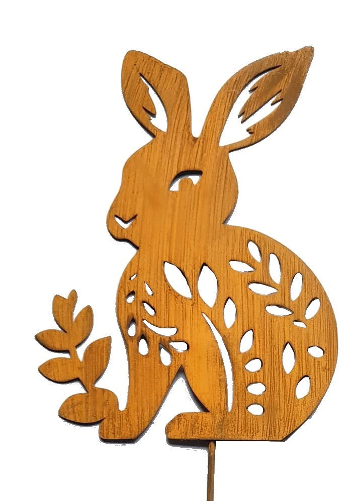 Handmade Metal Rabbit Garden Stake, Natural Rust Finish, Yard Art