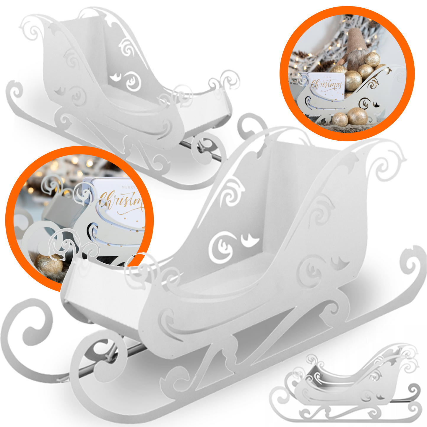 Elegant Decorative Christmas Sleigh – Festive Centerpiece for Holiday Decor, White, Natural Rust,