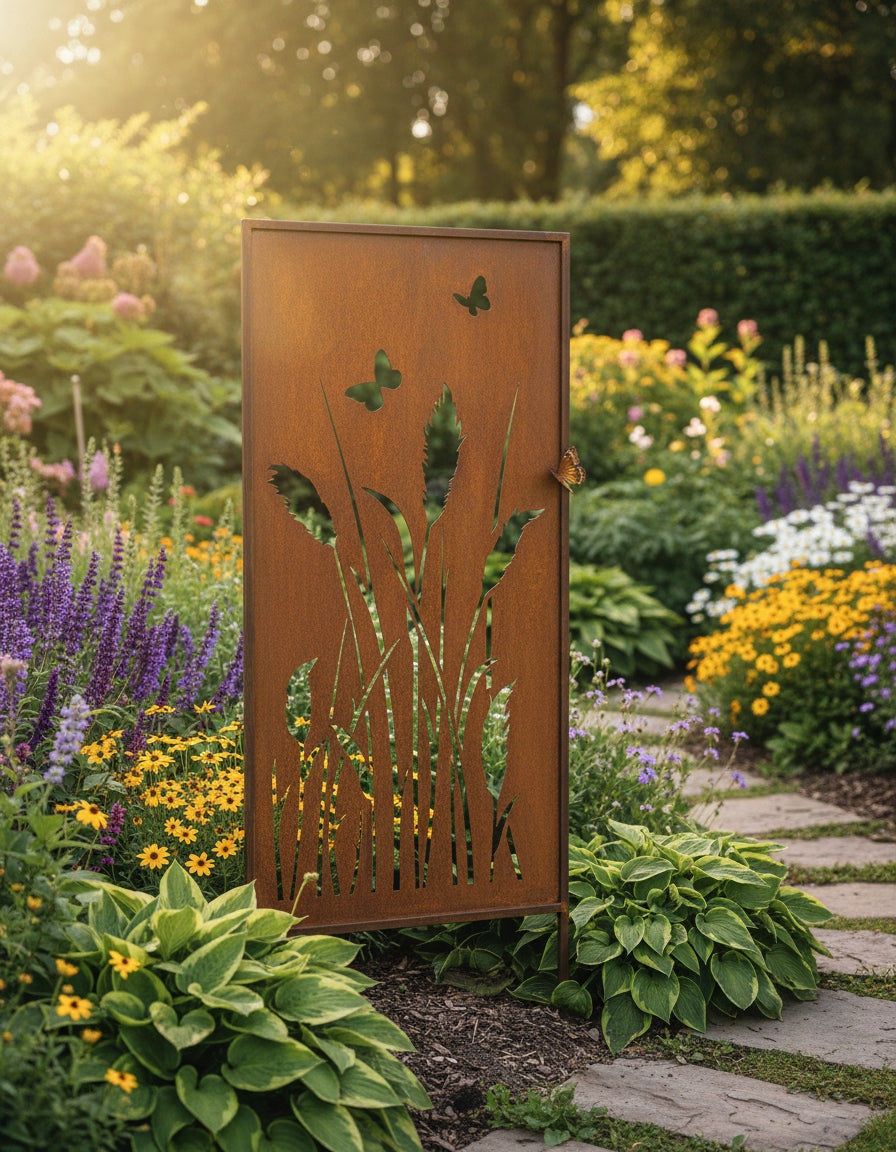 Rustic Metal Garden Screen – Corten Effect Steel Privacy Panel with Wildflower Meadow