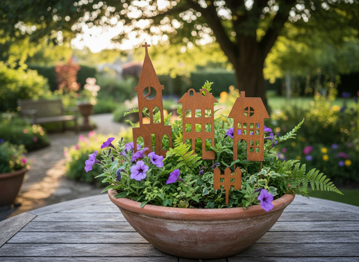 Rustic Steel Small Town Houses Garden Stakes – Metal Garden Art