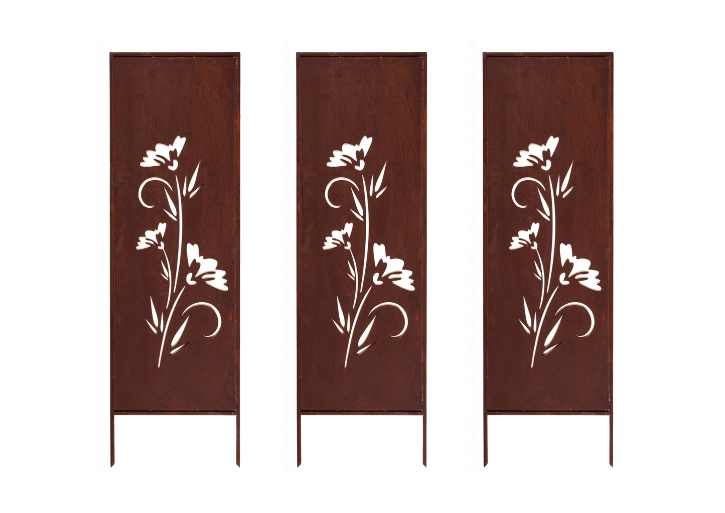 Rustic Metal Garden Screen – Corten Effect Steel Privacy Panel with Carnations Flowers Cutouts