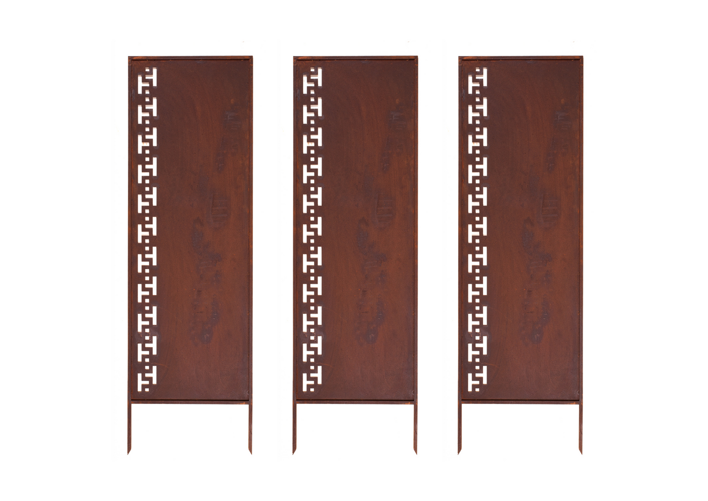 Rustic Metal Garden Screen – Corten Effect Steel Privacy Panel with Greek Motif Pattern Cutouts