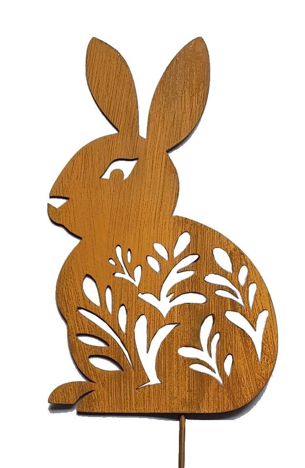 Handmade Metal Rabbit Garden Stake, Natural Rust Finish, Yard Art