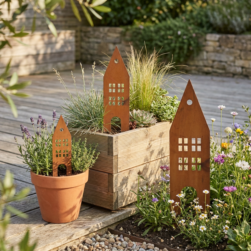 Rustic Steel House Garden Stakes – Weatherproof Metal Art