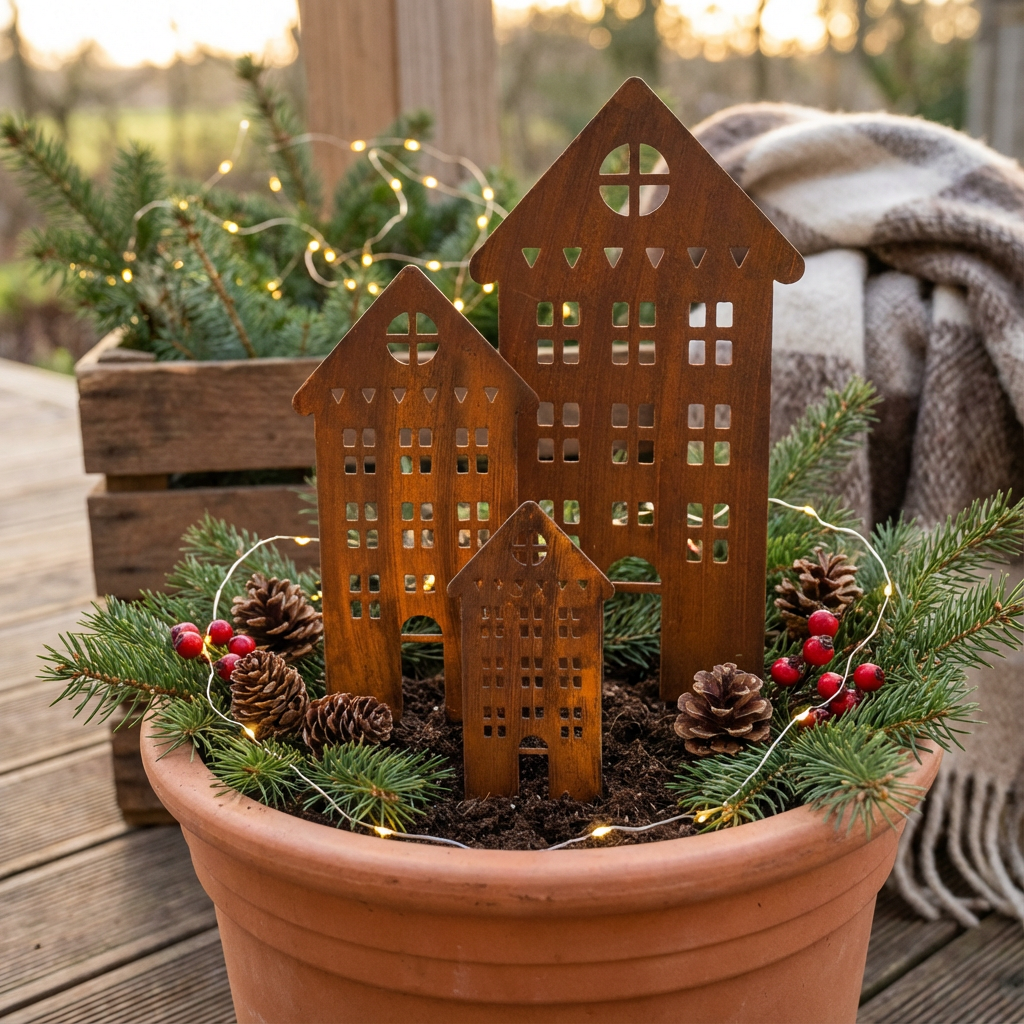Rustic Steel House Garden Stakes – Metal Garden Art