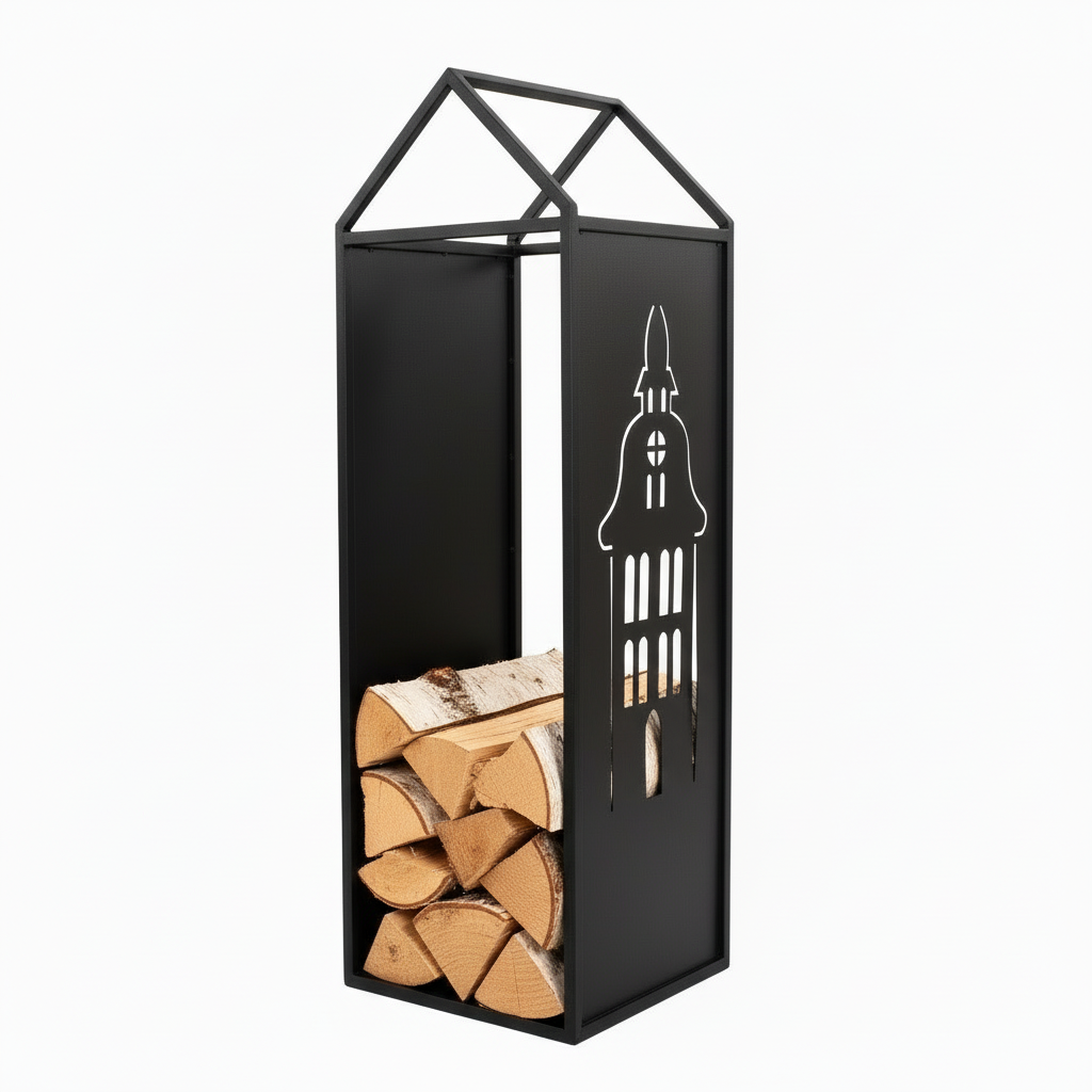 Black Metal Firewood Rack with Handle, Freestanding Log Holder BELFRY