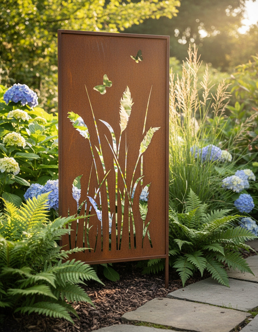 Rustic Metal Garden Screen – Corten Effect Steel Privacy Panel with Wildflower Meadow