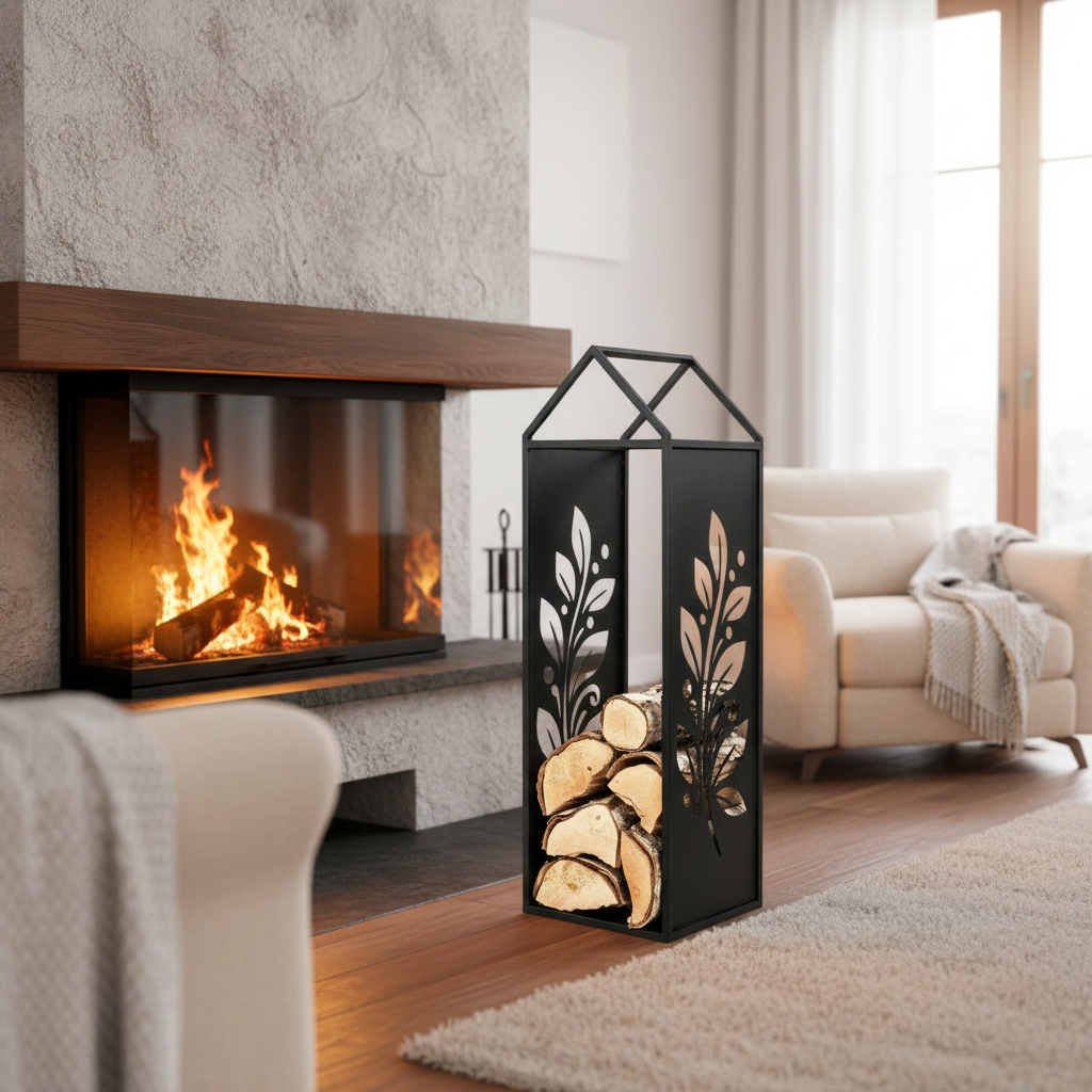 Black Metal Firewood Rack with Handle, Freestanding Log Holder LEAVES