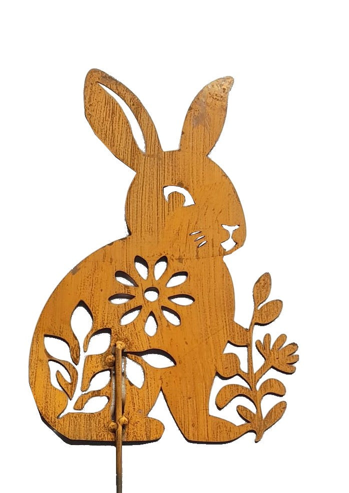 Handmade Metal Rabbit Garden Stake, Natural Rust Finish, Yard Art