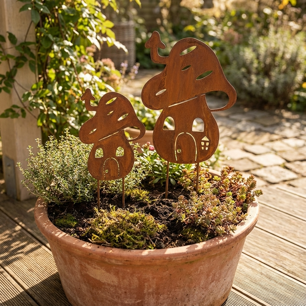 Rustic Metal Mushroom Garden Stake – Corten Steel Outdoor Decor