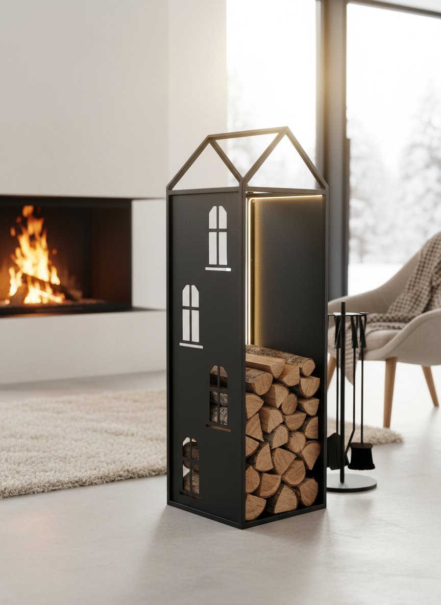 Black Metal Firewood Rack with Handle, Freestanding Log Holder