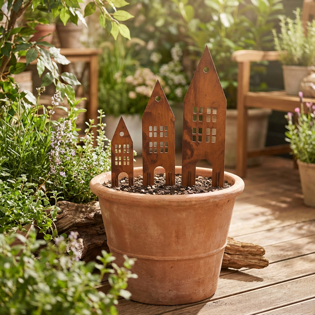 Rustic Steel House Garden Stakes – Weatherproof Metal Art