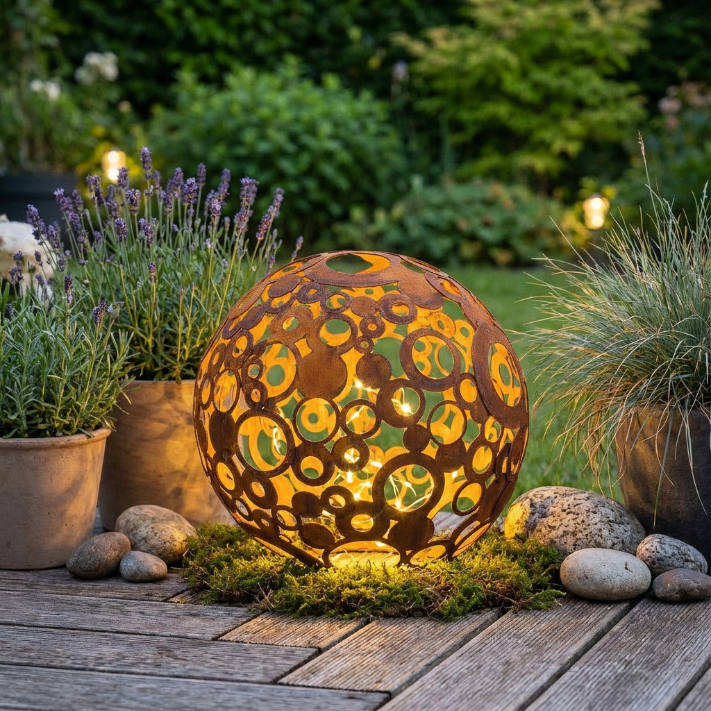 Metall-Deko-Kugel, durchbrochene Ringe, rustikales Garten-Loft-Ornament
