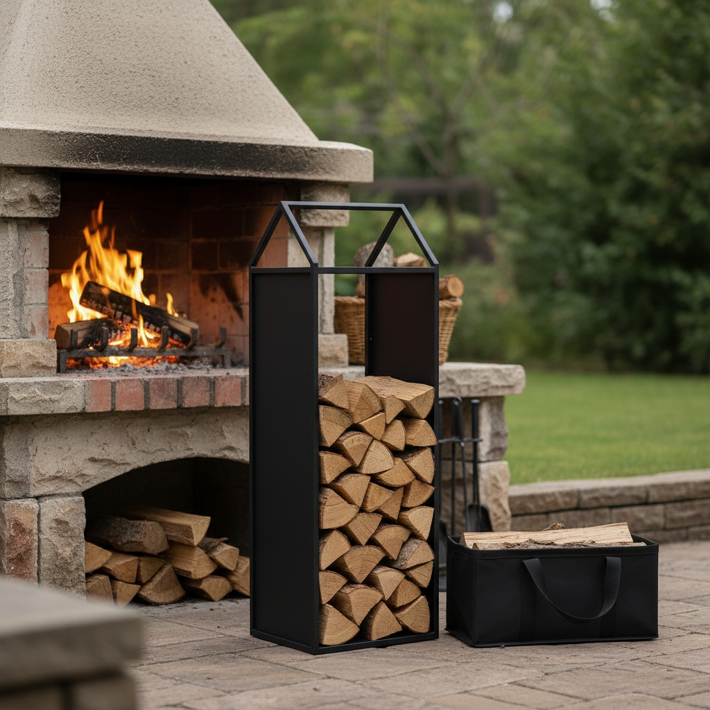 Black Metal Firewood Rack with Handle, Freestanding Log Holder BELFRY