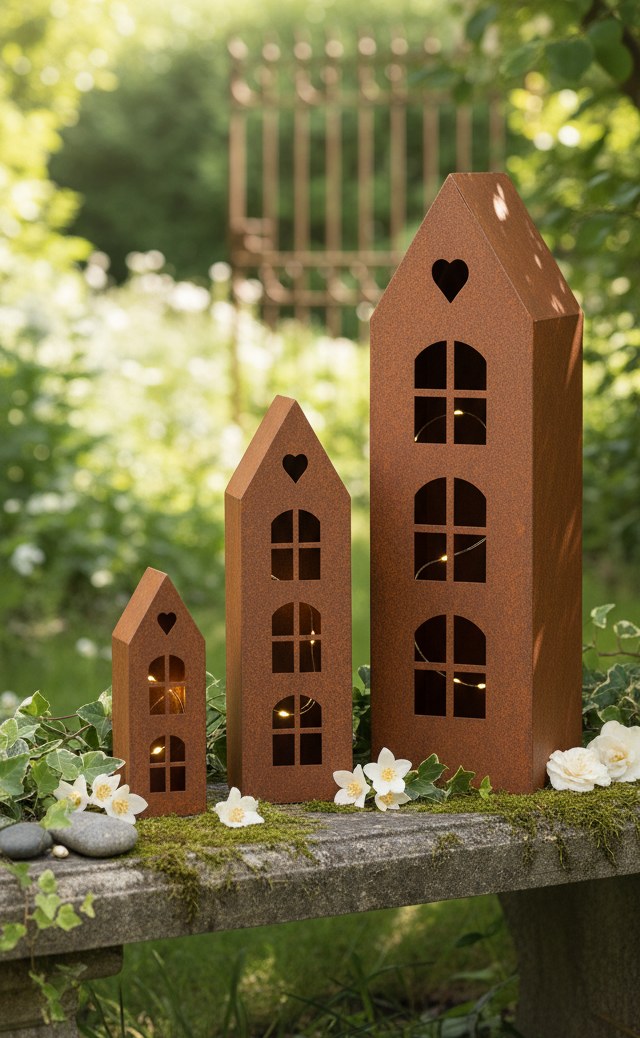 Rustic Metal Lantern House with Heart – Corten Effect, LED Candle Holder