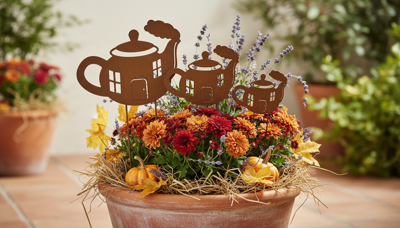 Rustic Steel Kettle Houses Garden Stakes – Metal Garden Art