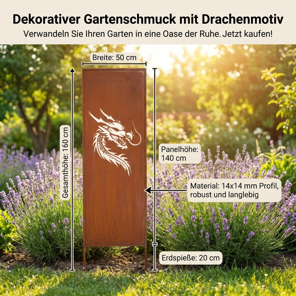 Rusty Steel Dragon Garden Screen – Outdoor Privacy Panel, Corten Effect