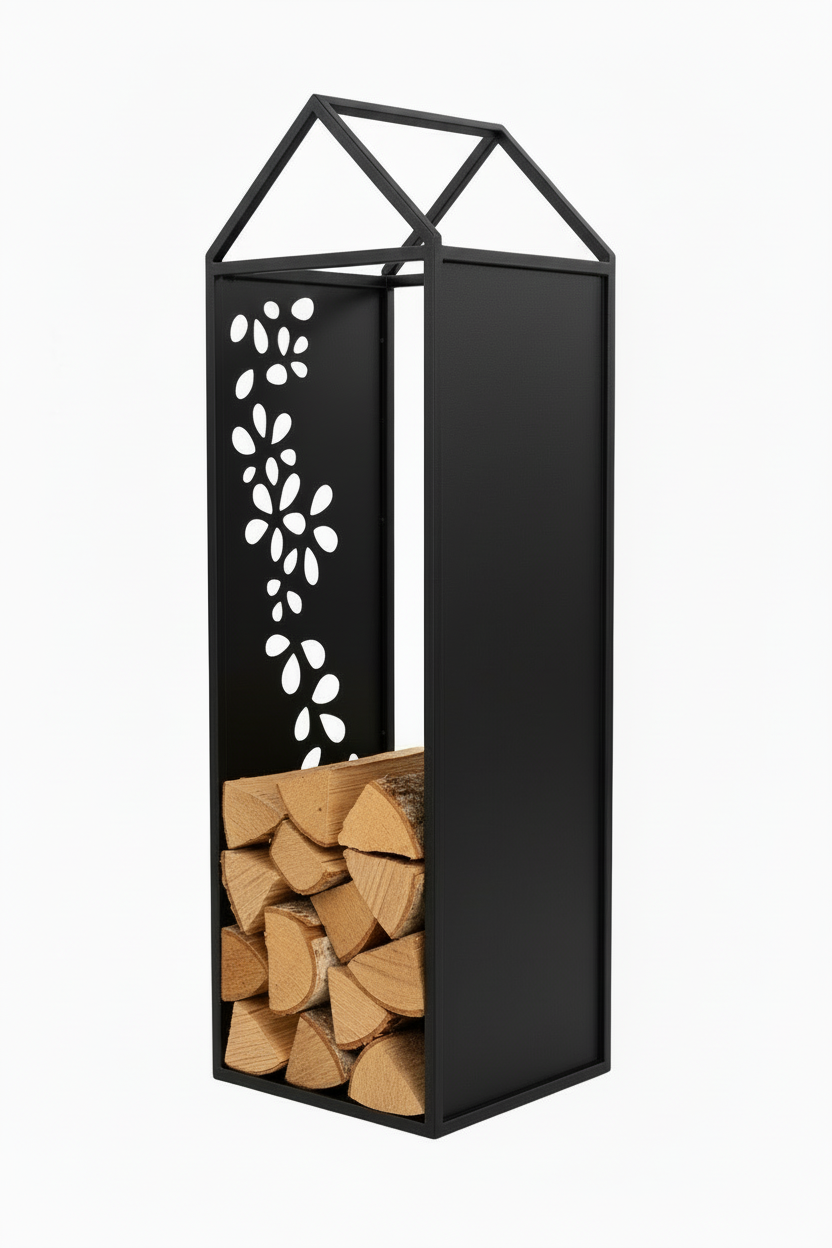 Black Metal Firewood Rack with Handle, Freestanding Log Holder GARLAND