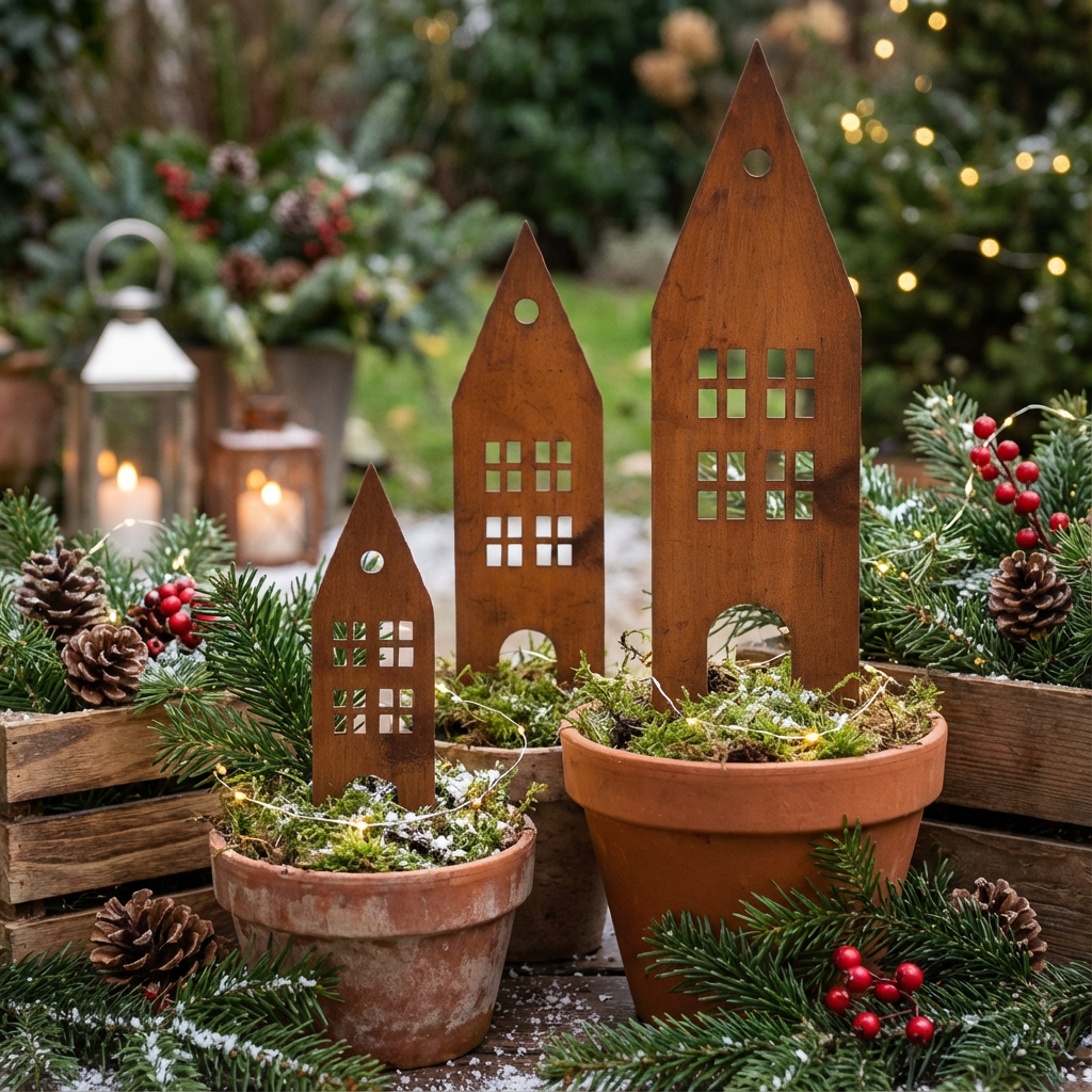 Rustic Steel House Garden Stakes – Weatherproof Metal Art