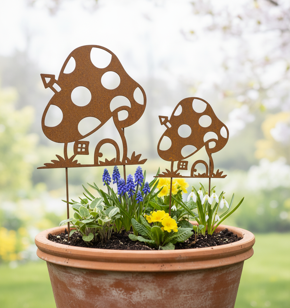 Rustic Metal Mushroom Garden Stake – Corten Steel Outdoor Decor