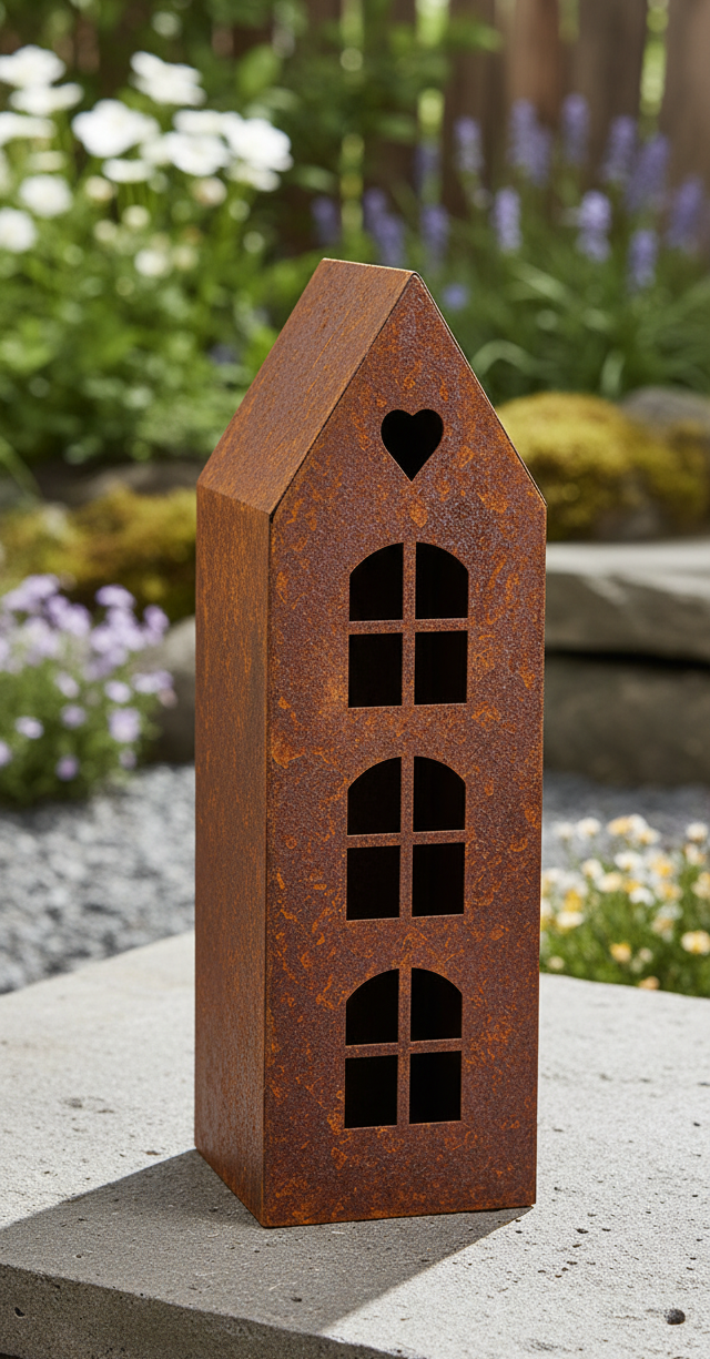 Rustic Metal Lantern House with Heart – Corten Effect, LED Candle Holder