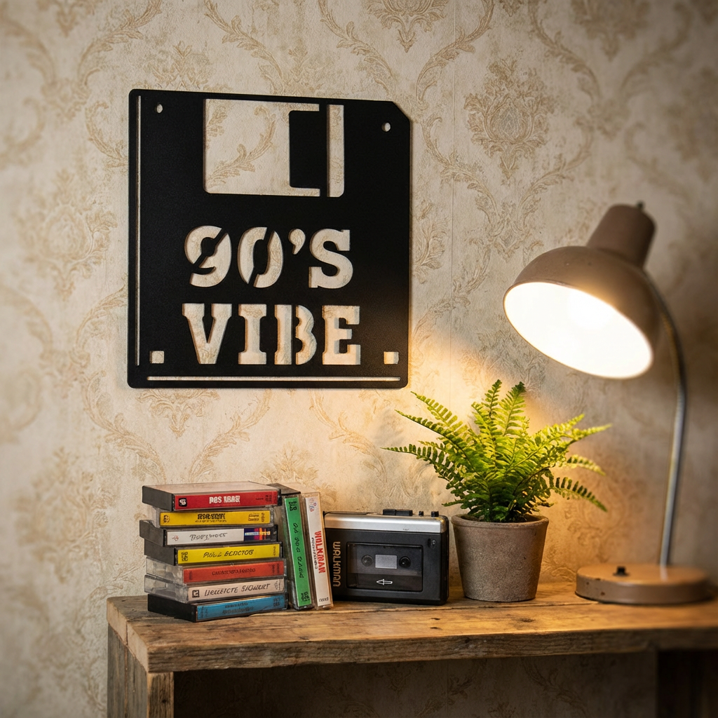 Black Metal Floppy Disk Wall Art – Retro Vintage Games Room Decor, Powder-Coated Steel Sculpture