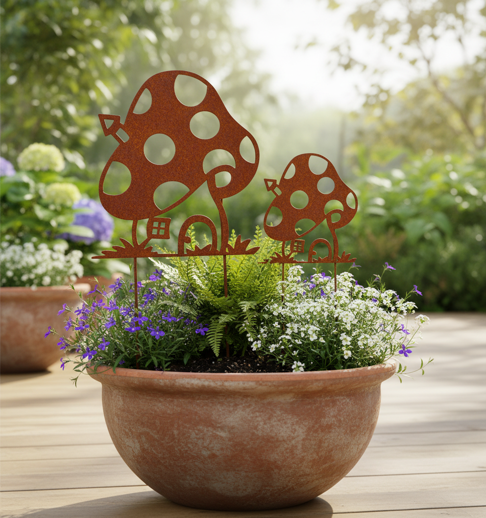 Rustic Metal Mushroom Garden Stake – Corten Steel Outdoor Decor