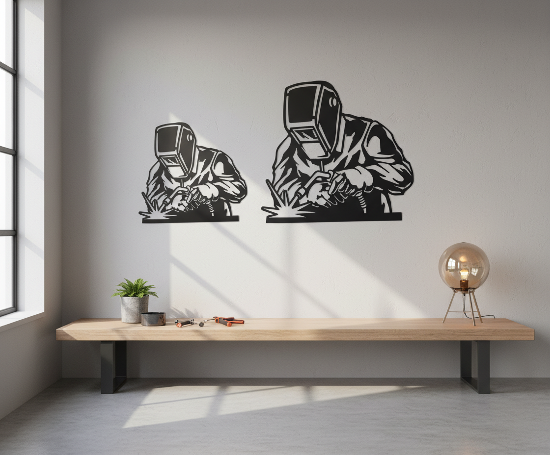 Black Metal Welder Wall Art – Unique Cut-Out Design, Powder-Coated Steel Sculpture, Industrial Home Decor