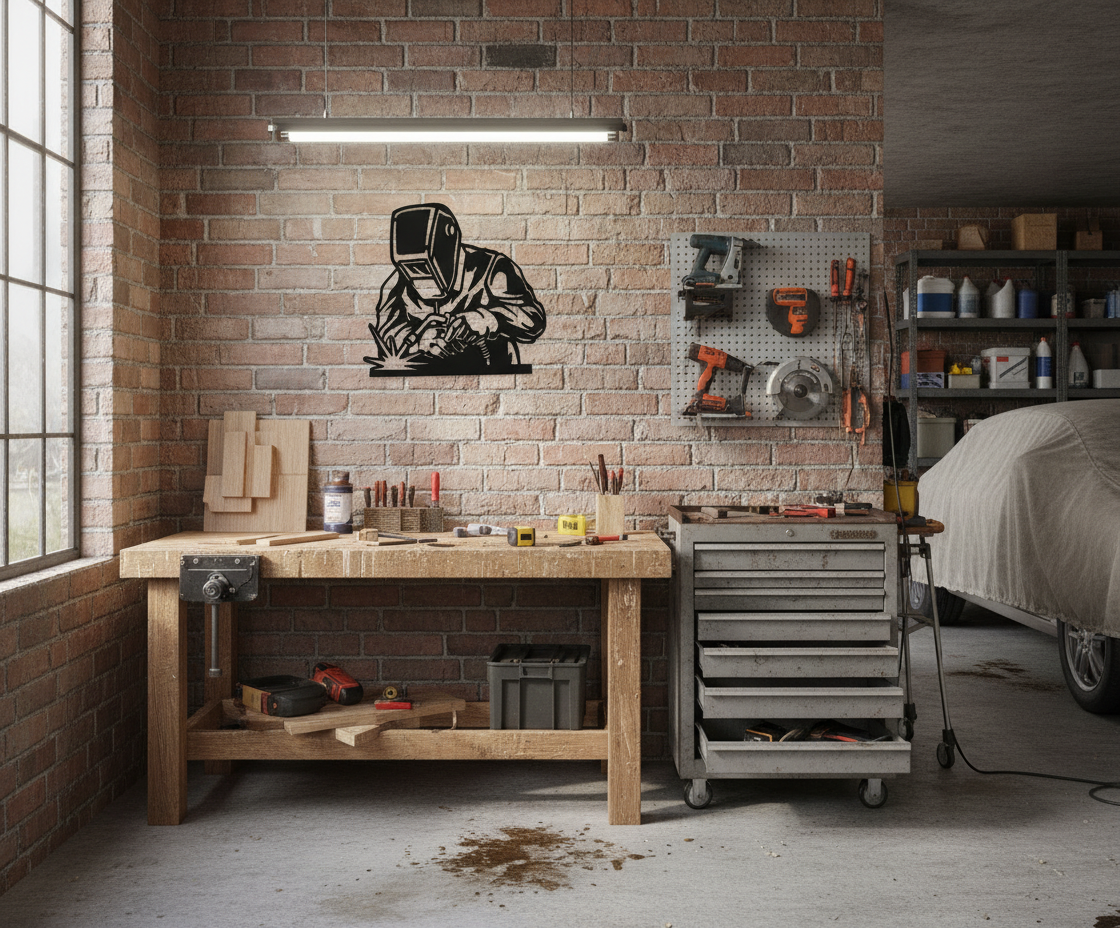 Black Metal Welder Wall Art – Unique Cut-Out Design, Powder-Coated Steel Sculpture, Industrial Home Decor