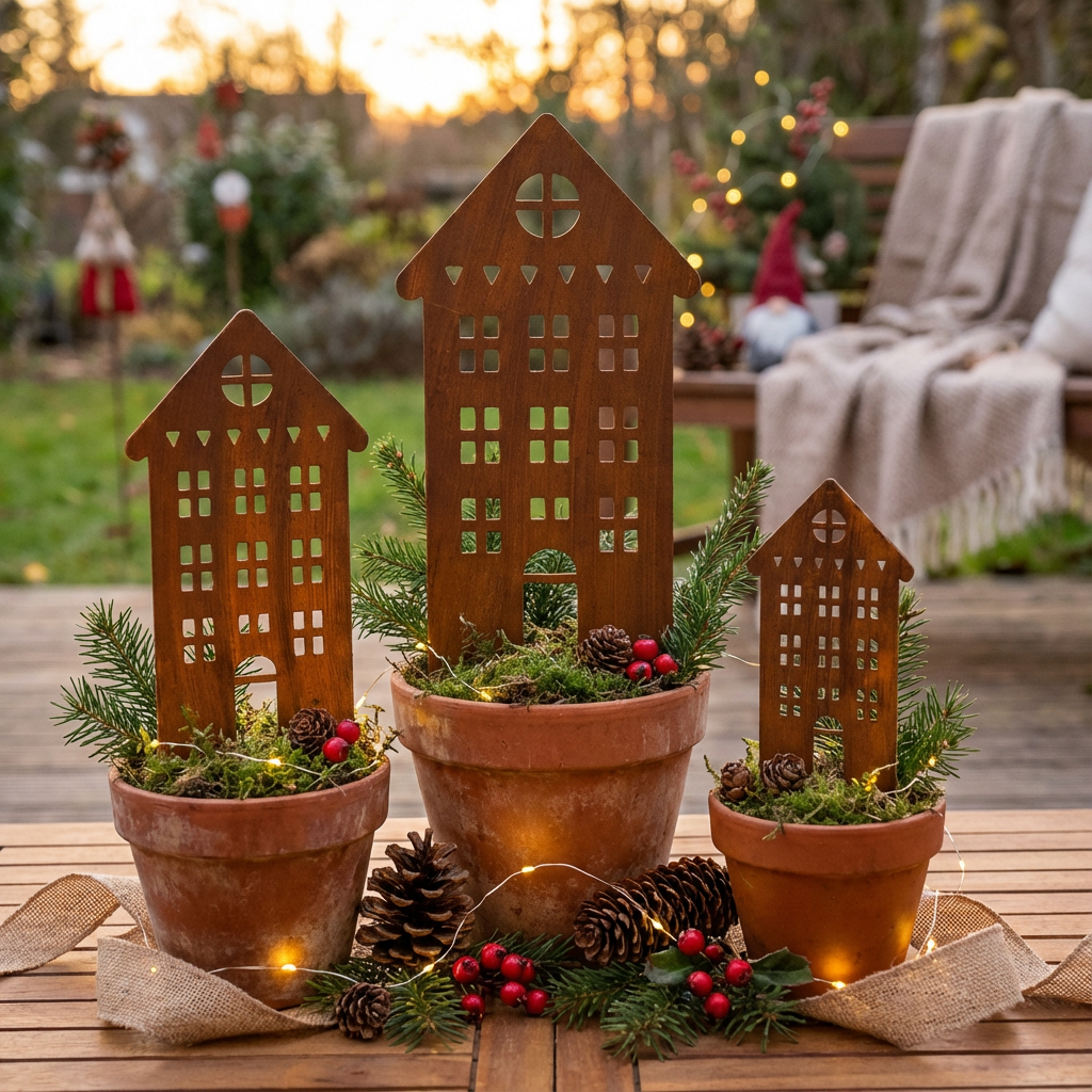 Rustic Steel House Garden Stakes – Metal Garden Art