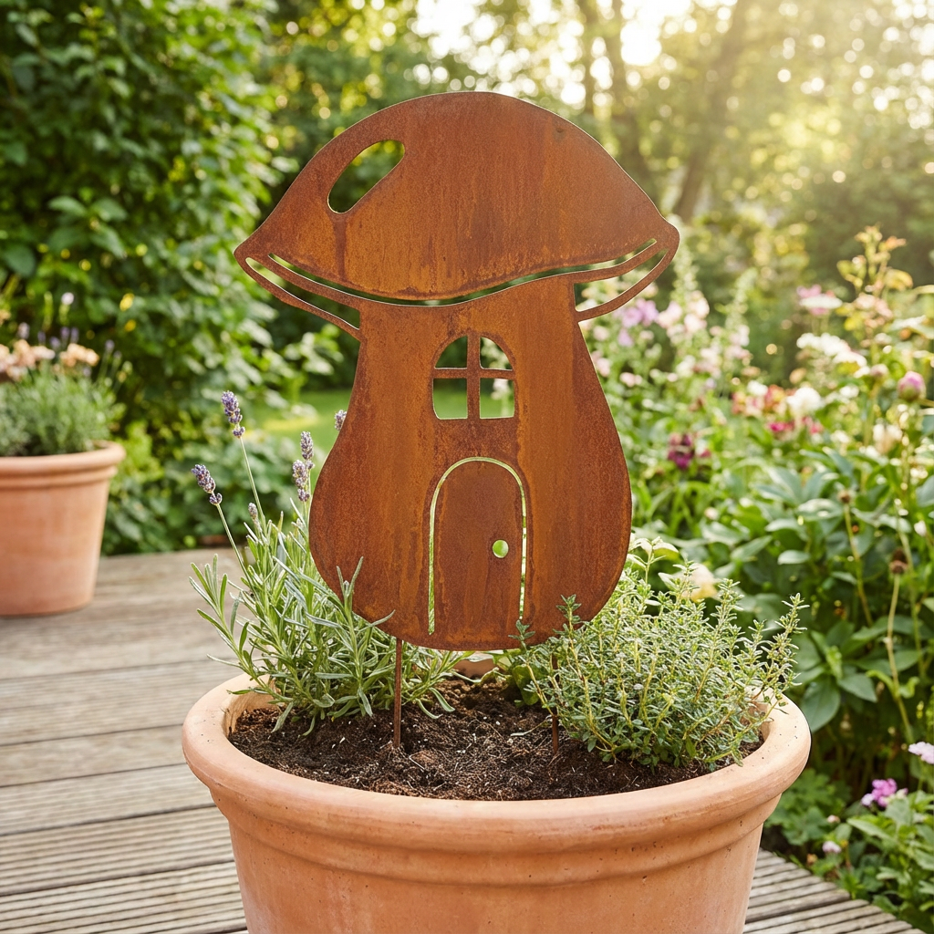Rustic Metal Mushroom Garden Stake – Corten Steel Outdoor Decor