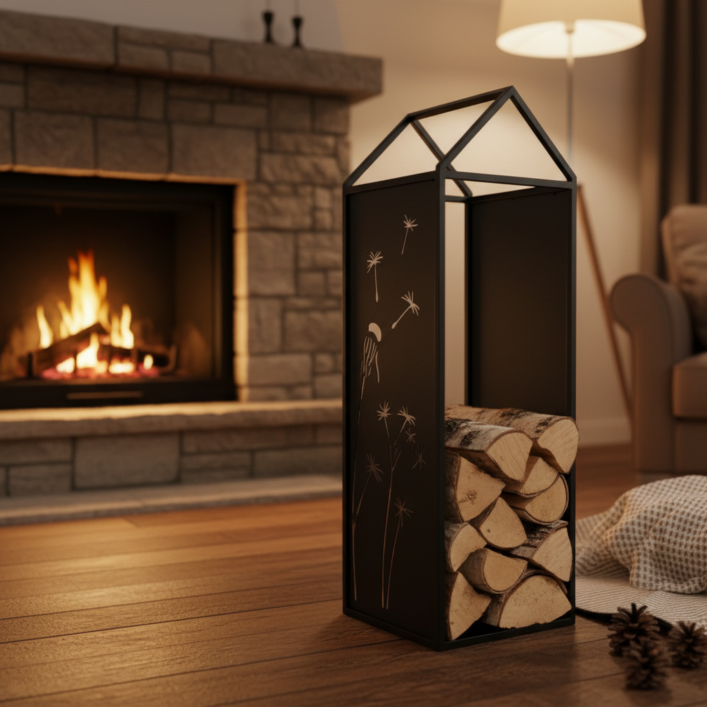 Black Metal Firewood Rack with Handle, Freestanding Log Holder DANDELION