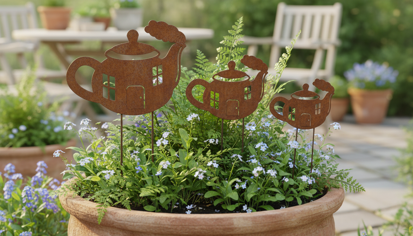 Rustic Steel Kettle Houses Garden Stakes – Metal Garden Art