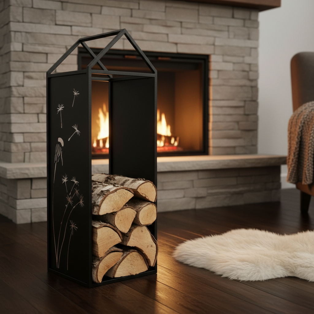 Black Metal Firewood Rack with Handle, Freestanding Log Holder DANDELION