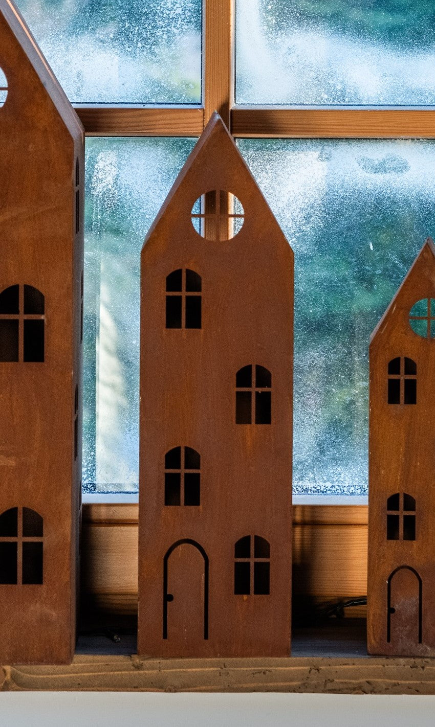 Rustic Metal Lantern House – Corten Effect, LED Candle Holder