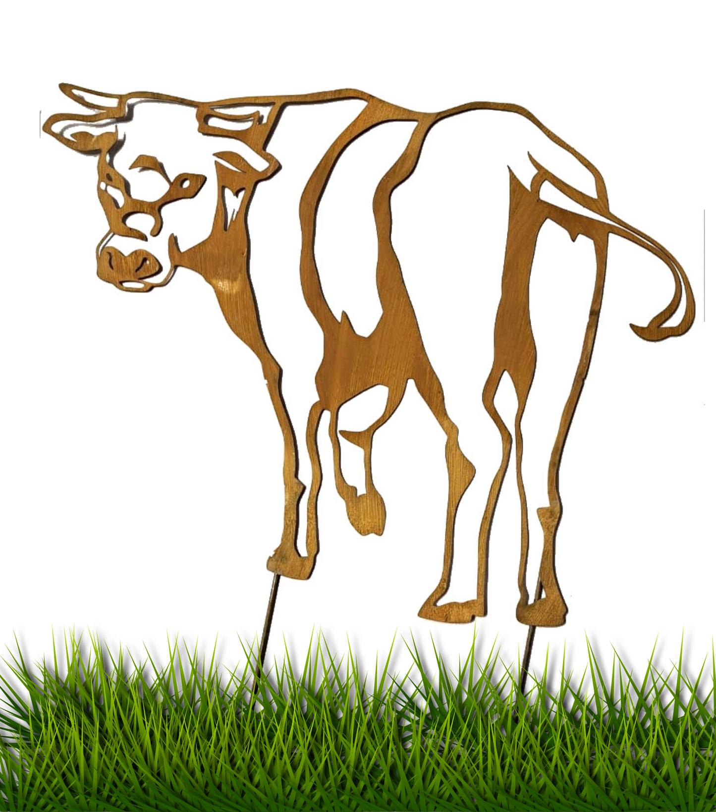 Rustic Metal Cow or Bull Silhouette Garden Stake – Weathered Corten Steel Farmyard Decor