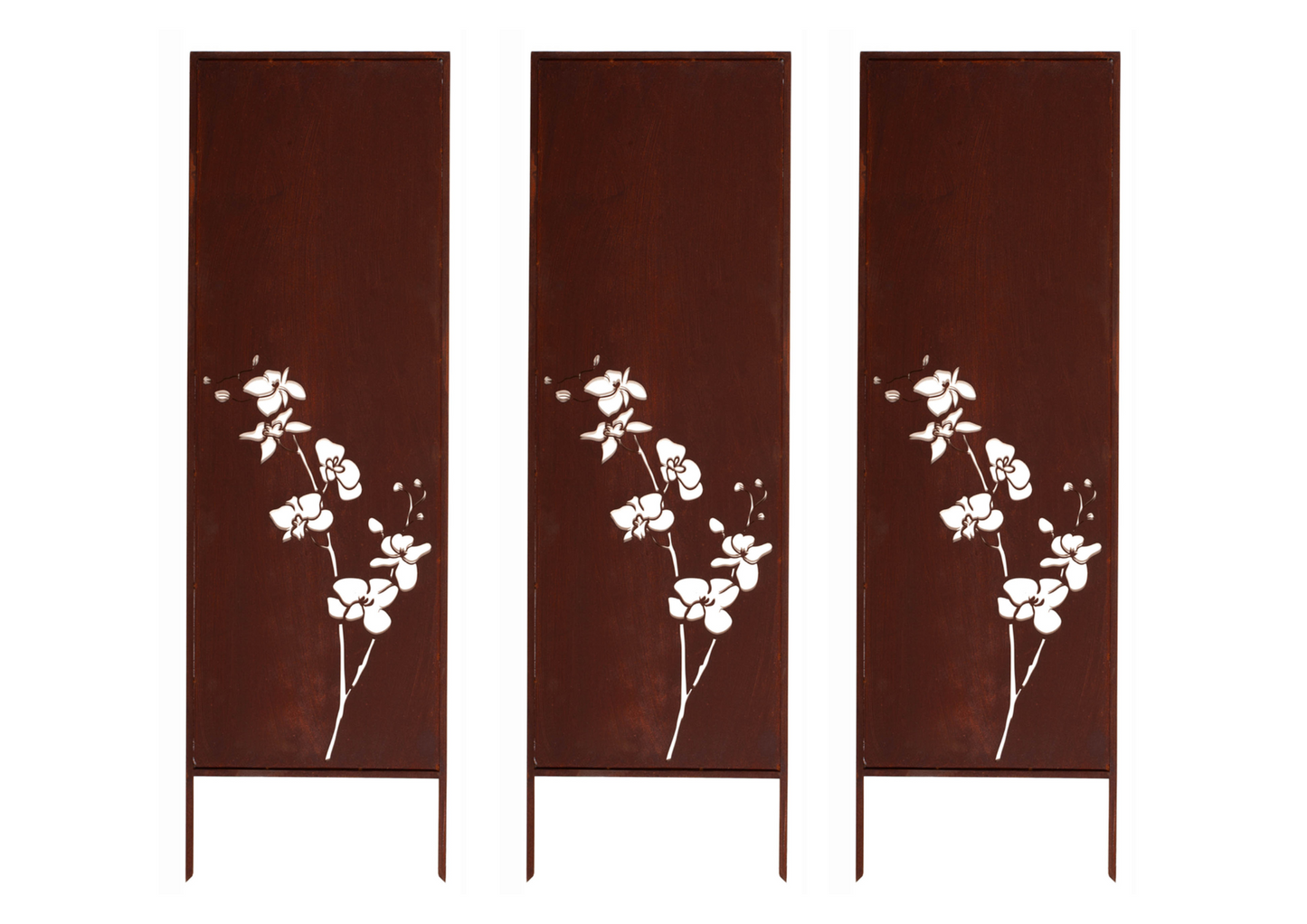 Rustic Metal Garden Screen – Corten Effect Steel Privacy Panel with Orchid Flowers Cutouts