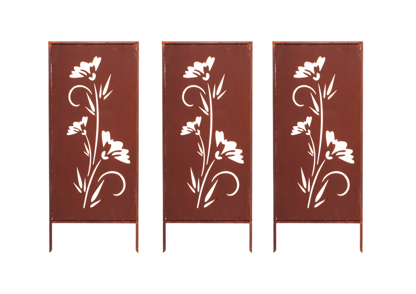 Rustic Metal Garden Screen – Corten Effect Steel Privacy Panel with Carnations Flowers Cutouts