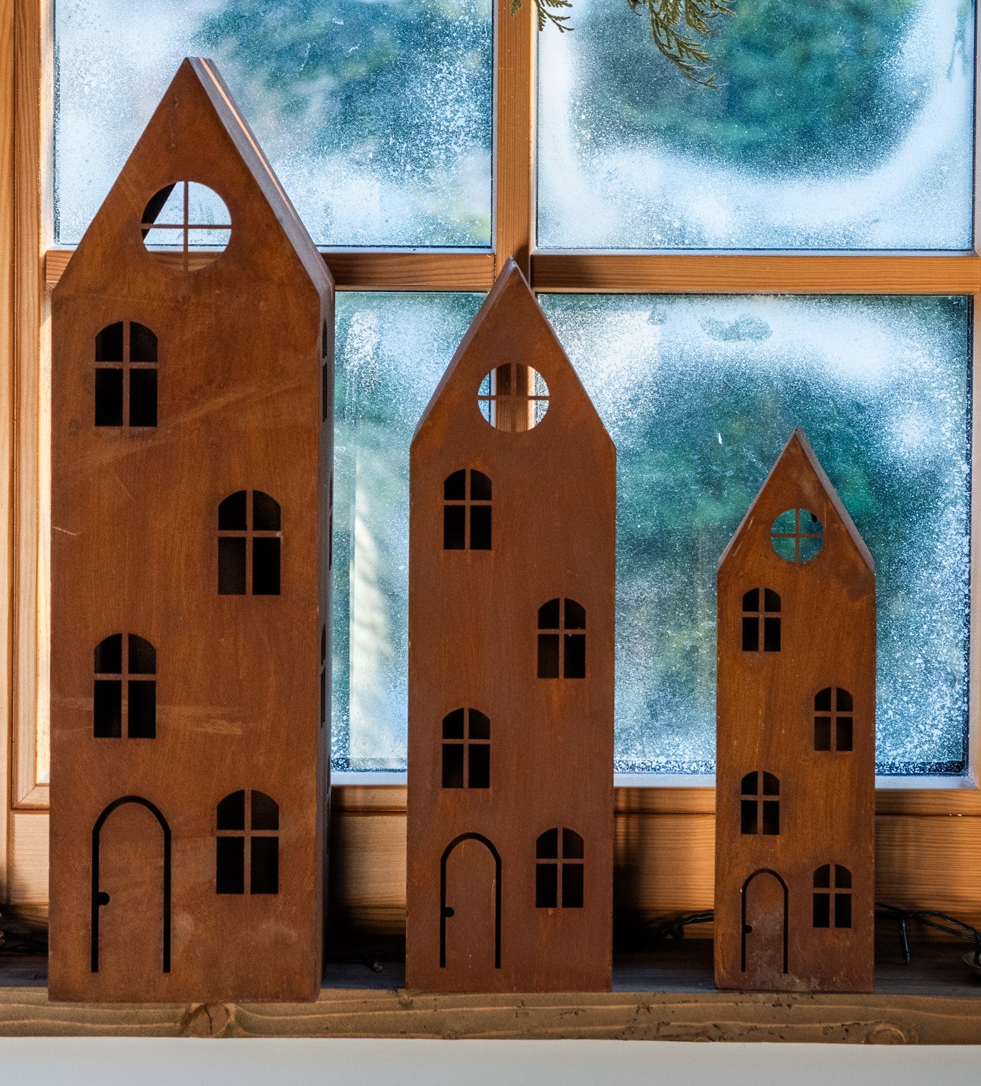 Rustic Metal Lantern House – Corten Effect, LED Candle Holder