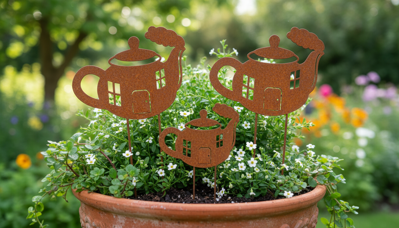 Rustic Steel Kettle Houses Garden Stakes – Metal Garden Art