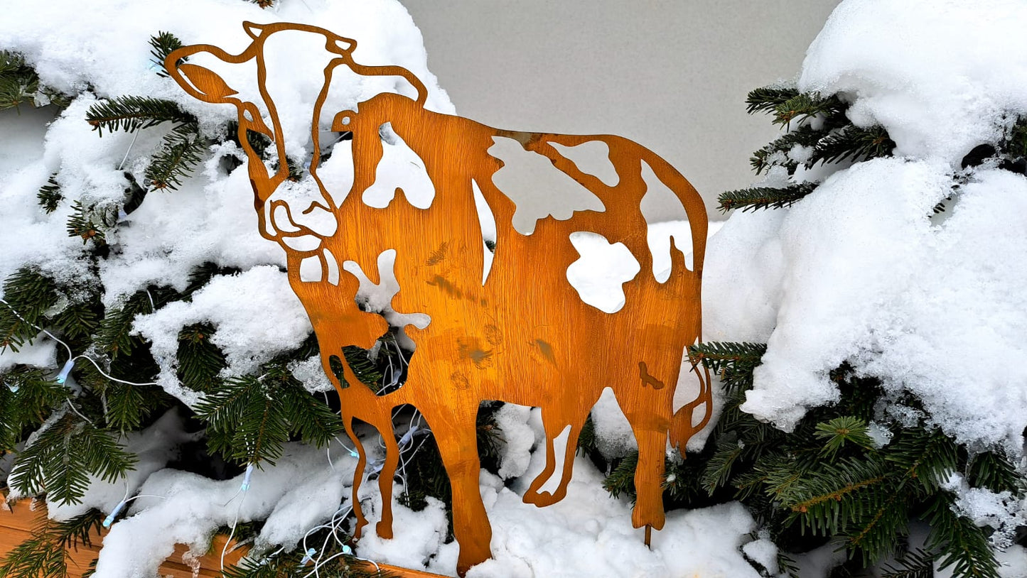 Rustic Metal Cow or Bull Silhouette Garden Stake – Weathered Corten Steel Farmyard Decor