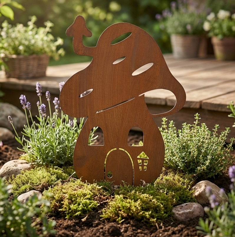 Rustic Metal Mushroom Garden Stake – Corten Steel Outdoor Decor
