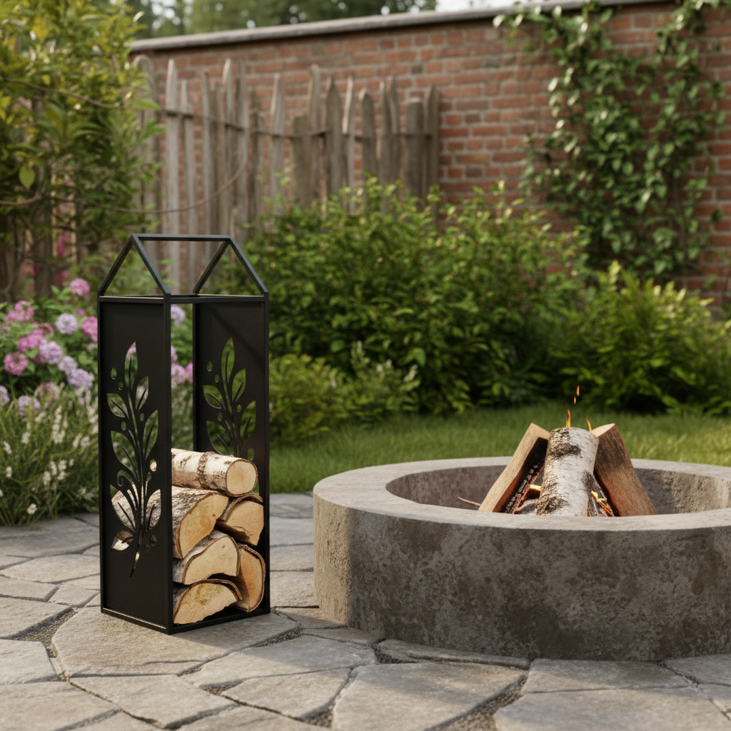 Black Metal Firewood Rack with Handle, Freestanding Log Holder LEAVES